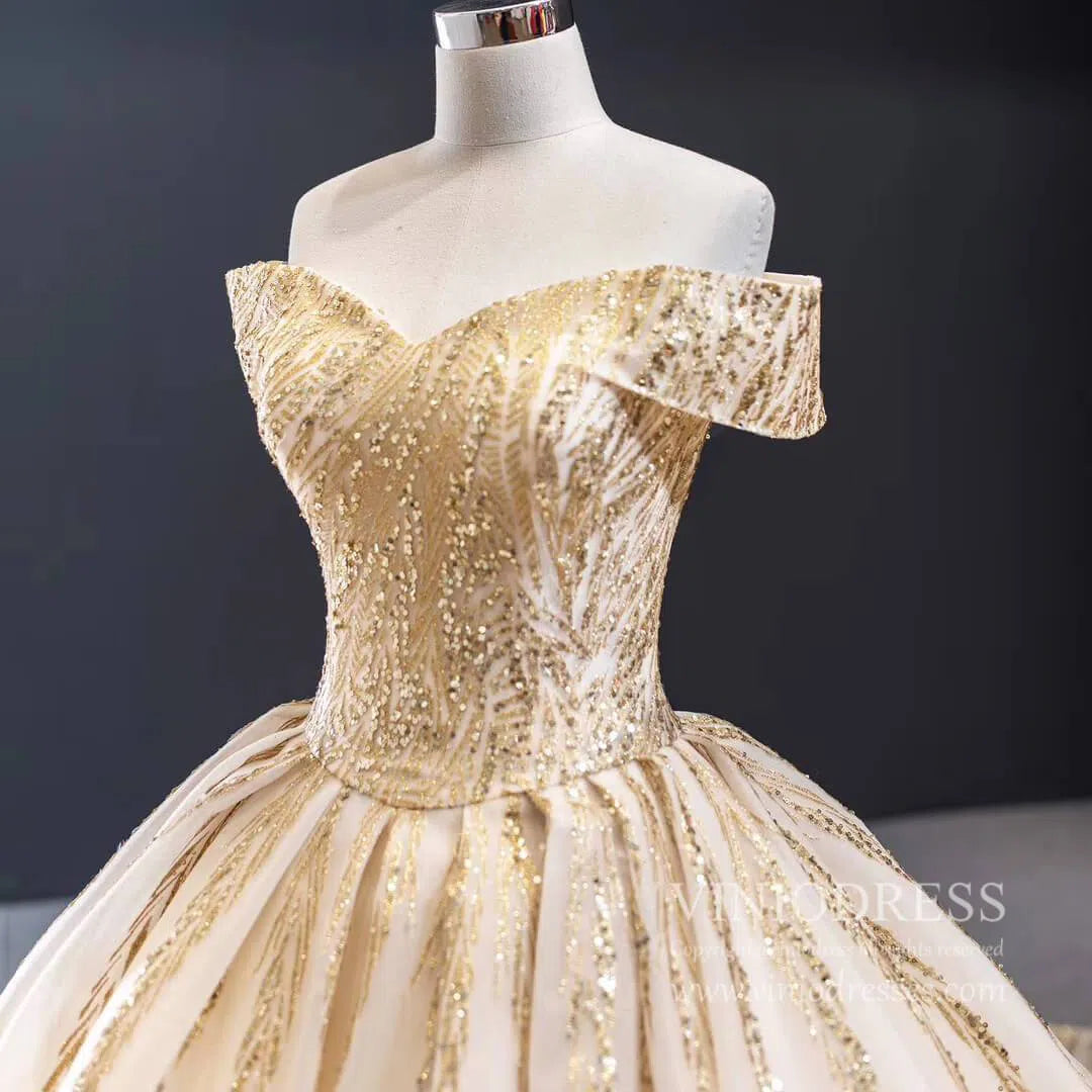 wedding dresses 2025 New Off the Shoulder Gold Wedding Dresses Luxury Debut Dress 67013 viniodress-plus size wedding dresses Viniodress-Gold-Custom Size-