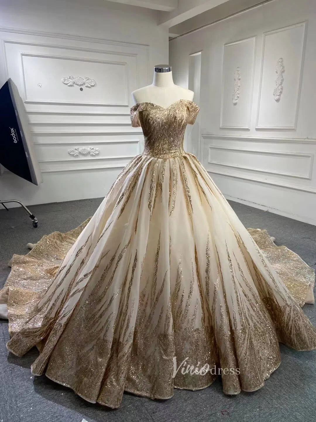 wedding dresses 2025 New Off the Shoulder Gold Wedding Dresses Luxury Debut Dress 67013 viniodress-plus size wedding dresses Viniodress-Gold-Custom Size-