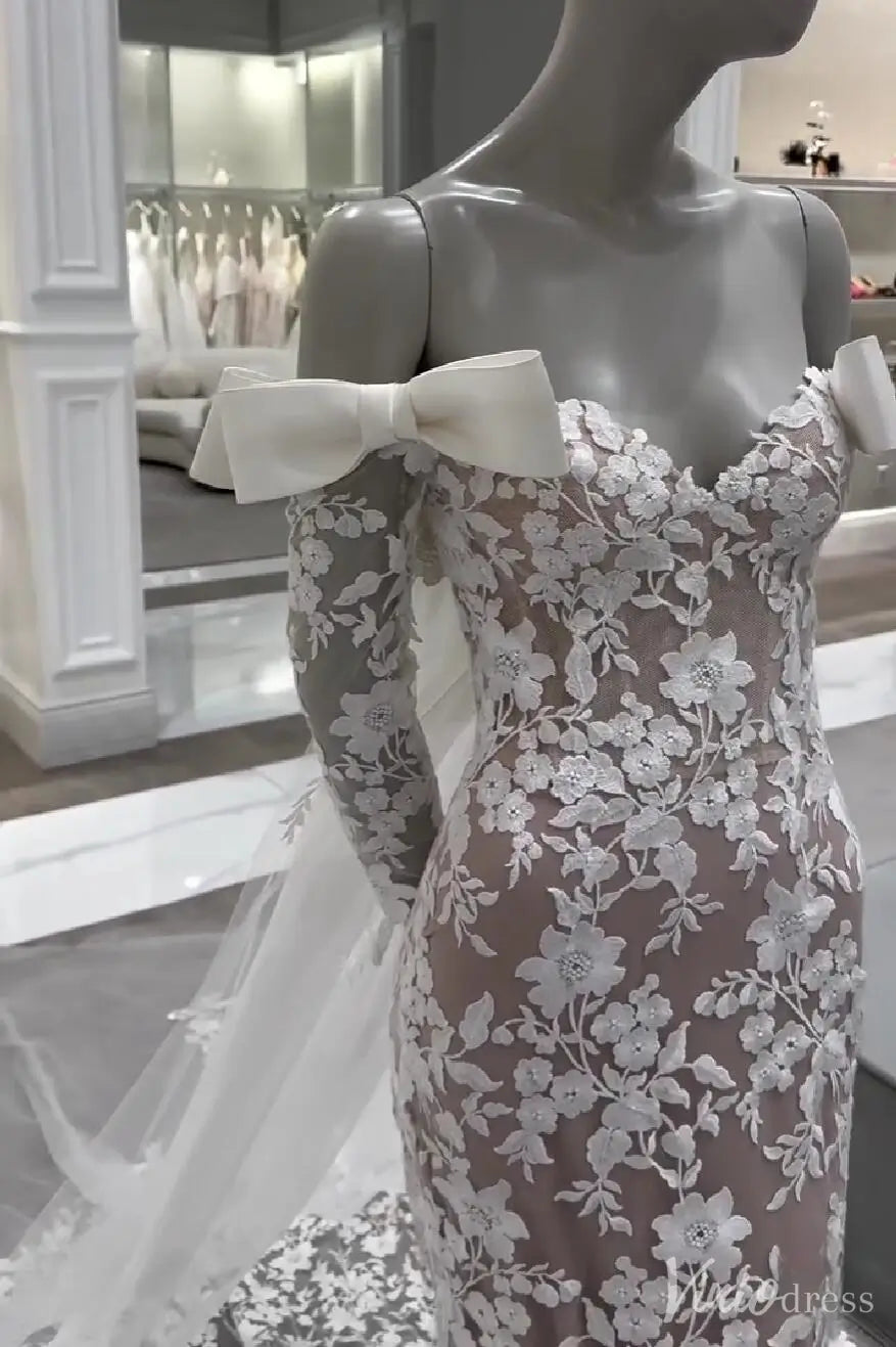 Nude Floral Lace Mermaid Wedding Dress with Off-Shoulder Long Sleeves, Bow Accents, and Chapel Train – ML150-wedding dresses 2025 -Viniodress-Nude-Dress Only-Custom Size