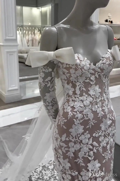 Nude Floral Lace Mermaid Wedding Dress with Off-Shoulder Long Sleeves, Bow Accents, and Chapel Train – ML150-wedding dresses 2025 -Viniodress-Nude-Dress Only-Custom Size