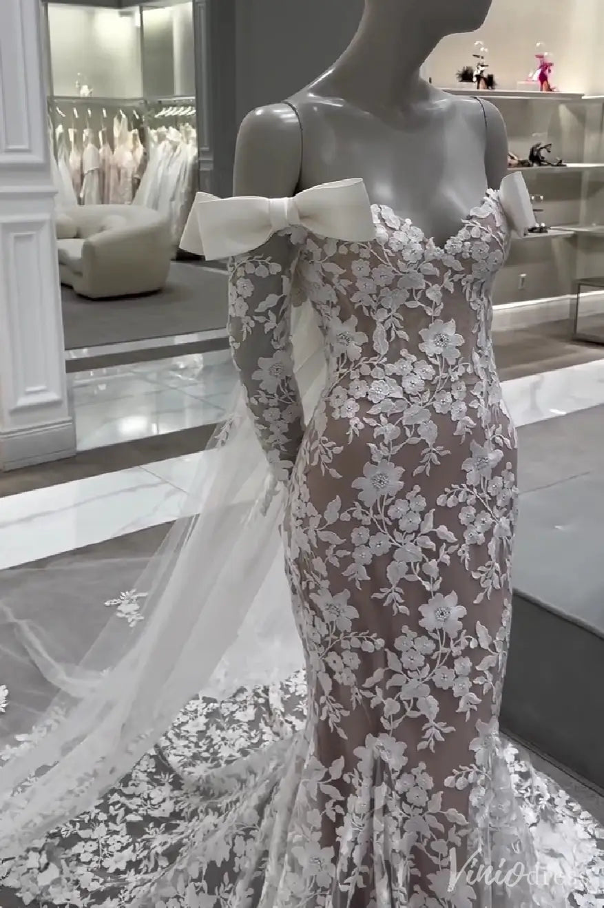 Nude Floral Lace Mermaid Wedding Dress with Off-Shoulder Long Sleeves, Bow Accents, and Chapel Train – ML150-wedding dresses 2025 -Viniodress-Nude-Dress Only-Custom Size