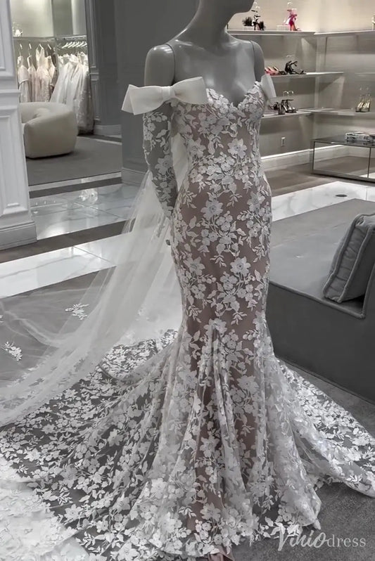 Nude Floral Lace Mermaid Wedding Dress with Off-Shoulder Long Sleeves, Bow Accents, and Chapel Train – ML150-wedding dresses 2025 -Viniodress-Nude-Dress Only-Custom Size