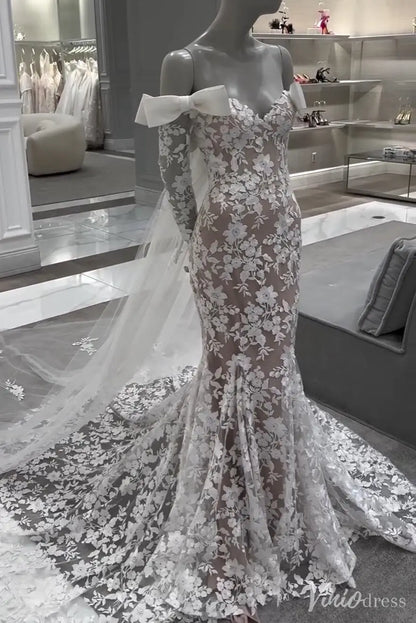 Nude Floral Lace Mermaid Wedding Dress with Off-Shoulder Long Sleeves, Bow Accents, and Chapel Train – ML150-wedding dresses 2025 -Viniodress-Nude-Dress Only-Custom Size