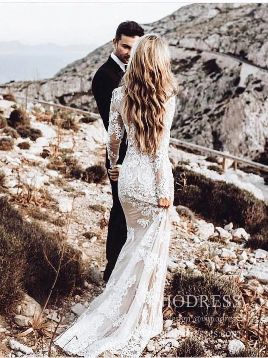 Nude Lace Boho Mermaid Wedding Dresses with Long Sleeves VW1438-wedding dresses 2025 -Viniodress-Nude-Custom Size-