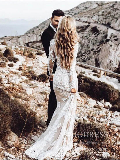 Nude Lace Boho Mermaid Wedding Dresses with Long Sleeves VW1438-wedding dresses 2025 -Viniodress-Nude-Custom Size-