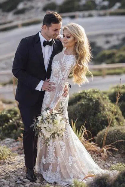 Nude Lace Boho Mermaid Wedding Dresses with Long Sleeves VW1438-wedding dresses 2025 -Viniodress-Nude-Custom Size-