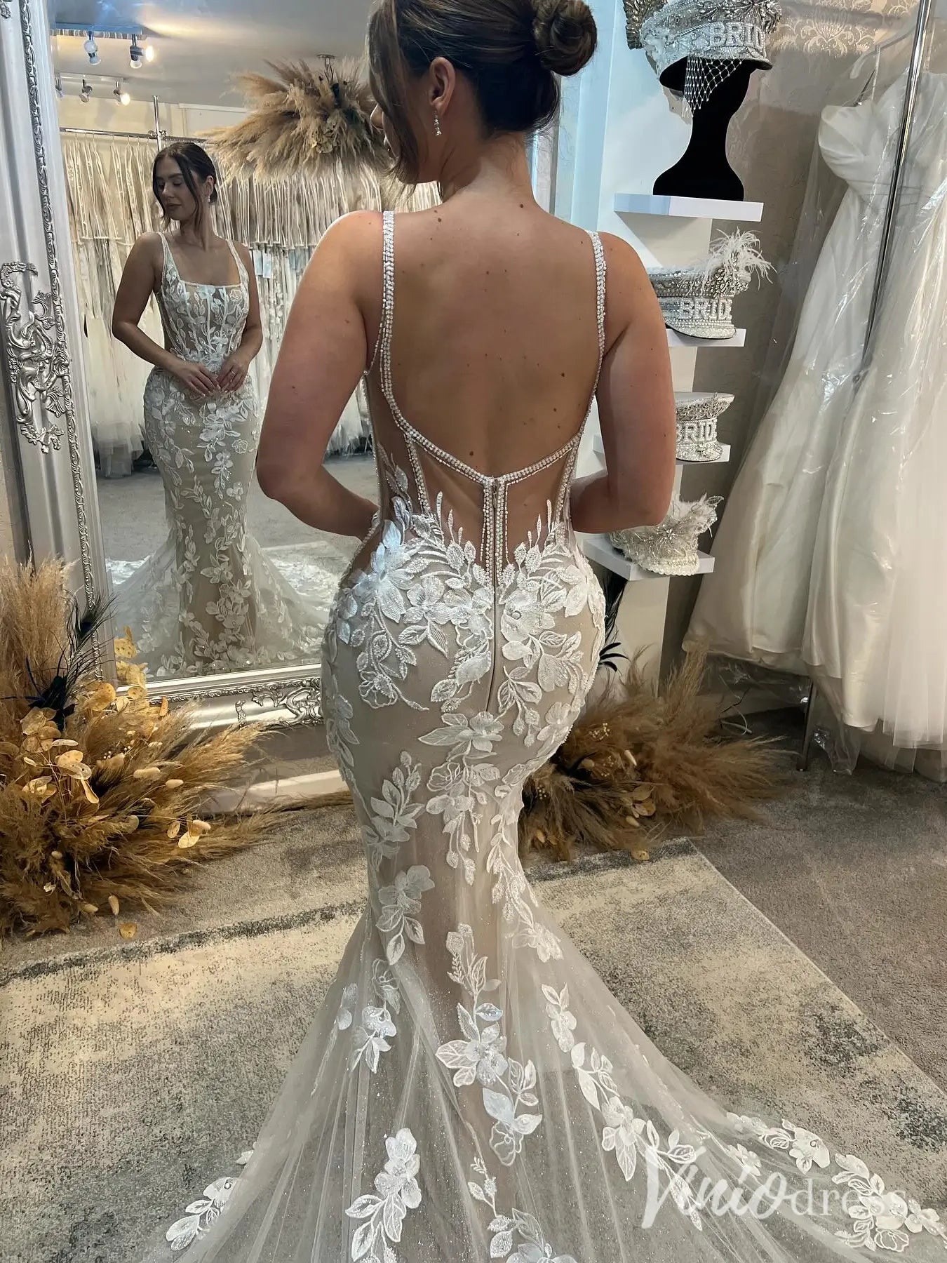 Nude Lace Mermaid Wedding Dress with Square Neckline, Sparkly Train & Beaded Straps – ML106-wedding dresses 2025 -Viniodress-Nude-Custom Size-