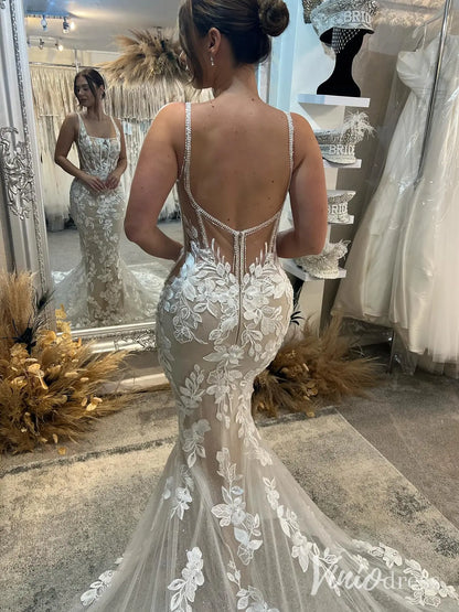 Nude Lace Mermaid Wedding Dress with Square Neckline, Sparkly Train & Beaded Straps – ML106-wedding dresses 2025 -Viniodress-Nude-Custom Size-