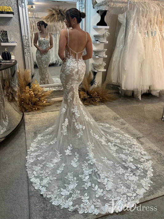 Nude Lace Mermaid Wedding Dress with Square Neckline, Sparkly Train & Beaded Straps – ML106-wedding dresses 2025 -Viniodress-Nude-Custom Size-