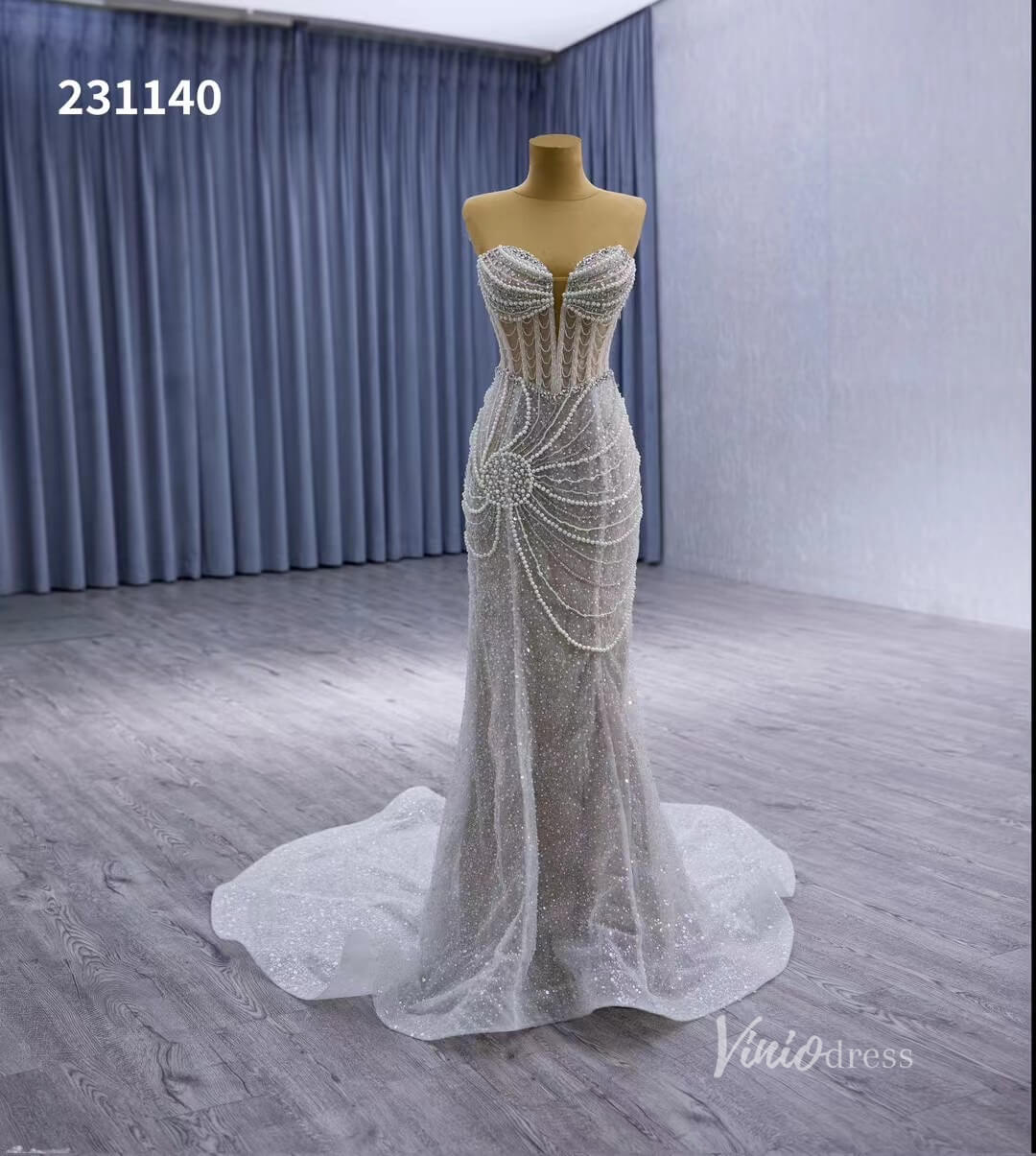 Nude Pearl Beaded Lace Mermaid Wedding Dresses Removable Long Sleeve Pageant Dress 231140-wedding dresses 2025 -Viniodress-Nude-Custom Size-