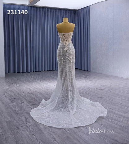 Nude Pearl Beaded Lace Mermaid Wedding Dresses Removable Long Sleeve Pageant Dress 231140-wedding dresses 2025 -Viniodress-Nude-Custom Size-