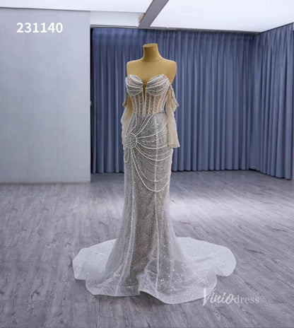 Nude Pearl Beaded Lace Mermaid Wedding Dresses Removable Long Sleeve Pageant Dress 231140-wedding dresses 2025 -Viniodress-Nude-Custom Size-