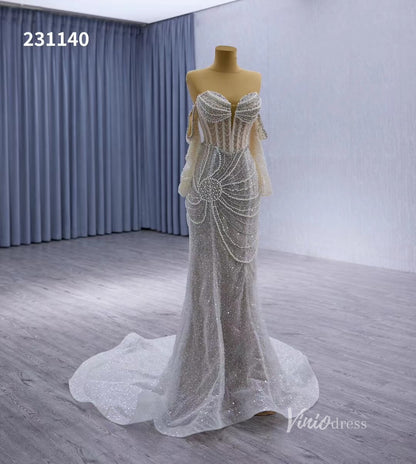 Nude Pearl Beaded Lace Mermaid Wedding Dresses Removable Long Sleeve Pageant Dress 231140-wedding dresses 2025 -Viniodress-Nude-Custom Size-