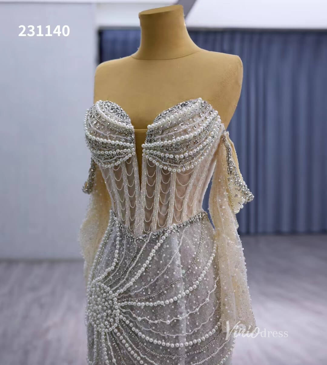 Nude Pearl Beaded Lace Mermaid Wedding Dresses Removable Long Sleeve Pageant Dress 231140-wedding dresses 2025 -Viniodress-Nude-Custom Size-