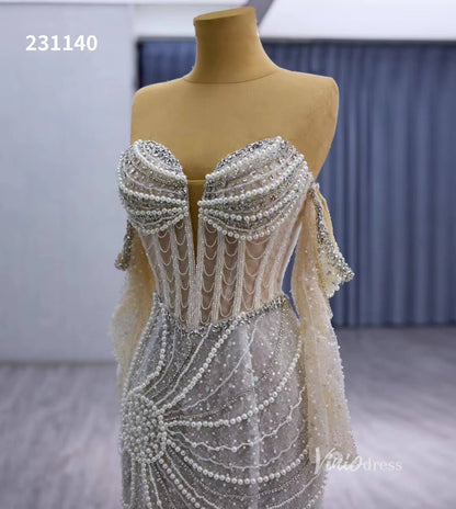 Nude Pearl Beaded Lace Mermaid Wedding Dresses Removable Long Sleeve Pageant Dress 231140-wedding dresses 2025 -Viniodress-Nude-Custom Size-