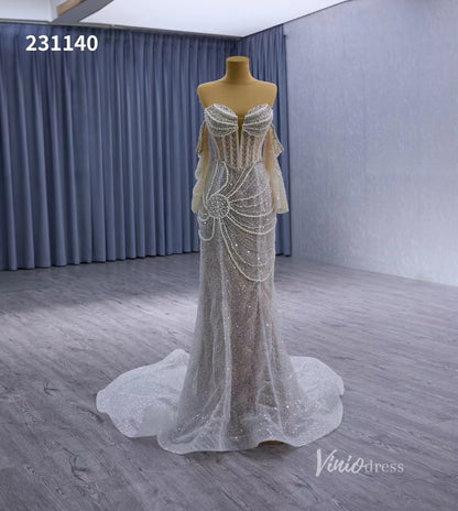 Nude Pearl Beaded Lace Mermaid Wedding Dresses Removable Long Sleeve Pageant Dress 231140-wedding dresses 2025 -Viniodress-Nude-Custom Size-