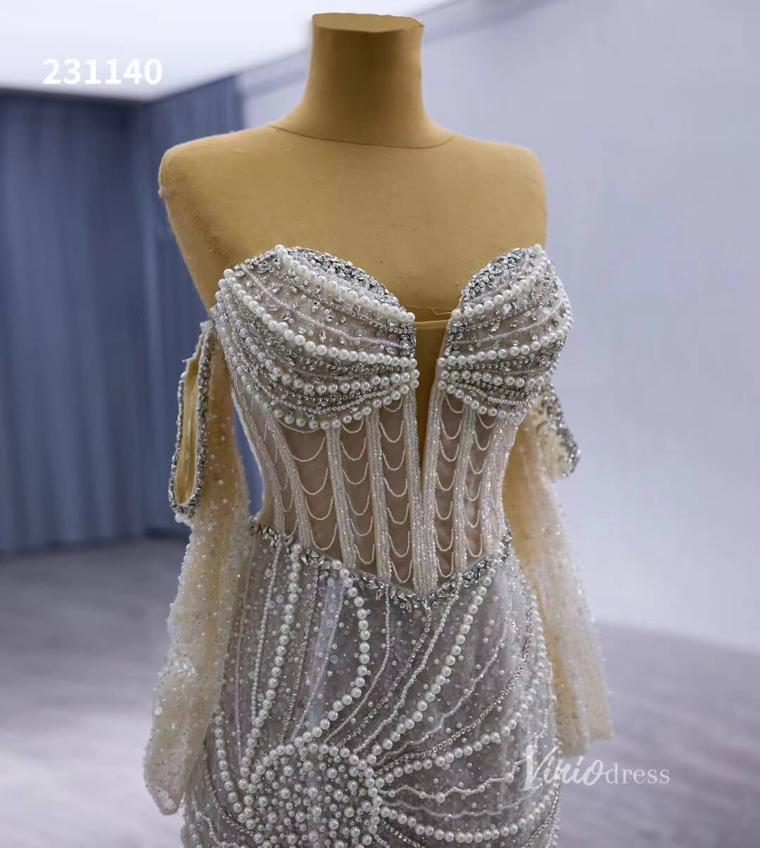 Nude Pearl Beaded Lace Mermaid Wedding Dresses Removable Long Sleeve Pageant Dress 231140-wedding dresses 2025 -Viniodress-Nude-Custom Size-