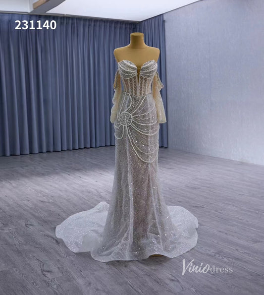 Nude Pearl Beaded Lace Mermaid Wedding Dresses Removable Long Sleeve Pageant Dress 231140-wedding dresses 2025 -Viniodress-Nude-Custom Size-