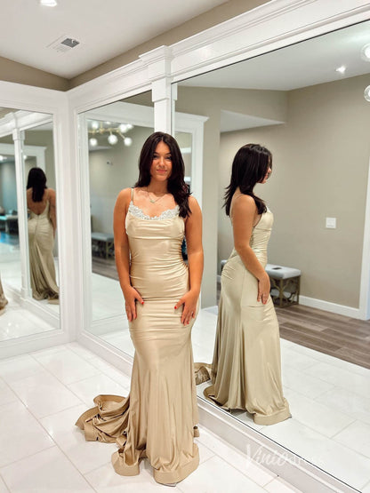 Nude Satin Mermaid Prom Dresses Spaghetti Strap Evening Dress FD3677-prom dresses 2025 -Viniodress-Nude-Custom Size-