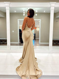 Nude Satin Mermaid Prom Dresses Spaghetti Strap Evening Dress FD3677-prom dresses-Viniodress-Viniodress