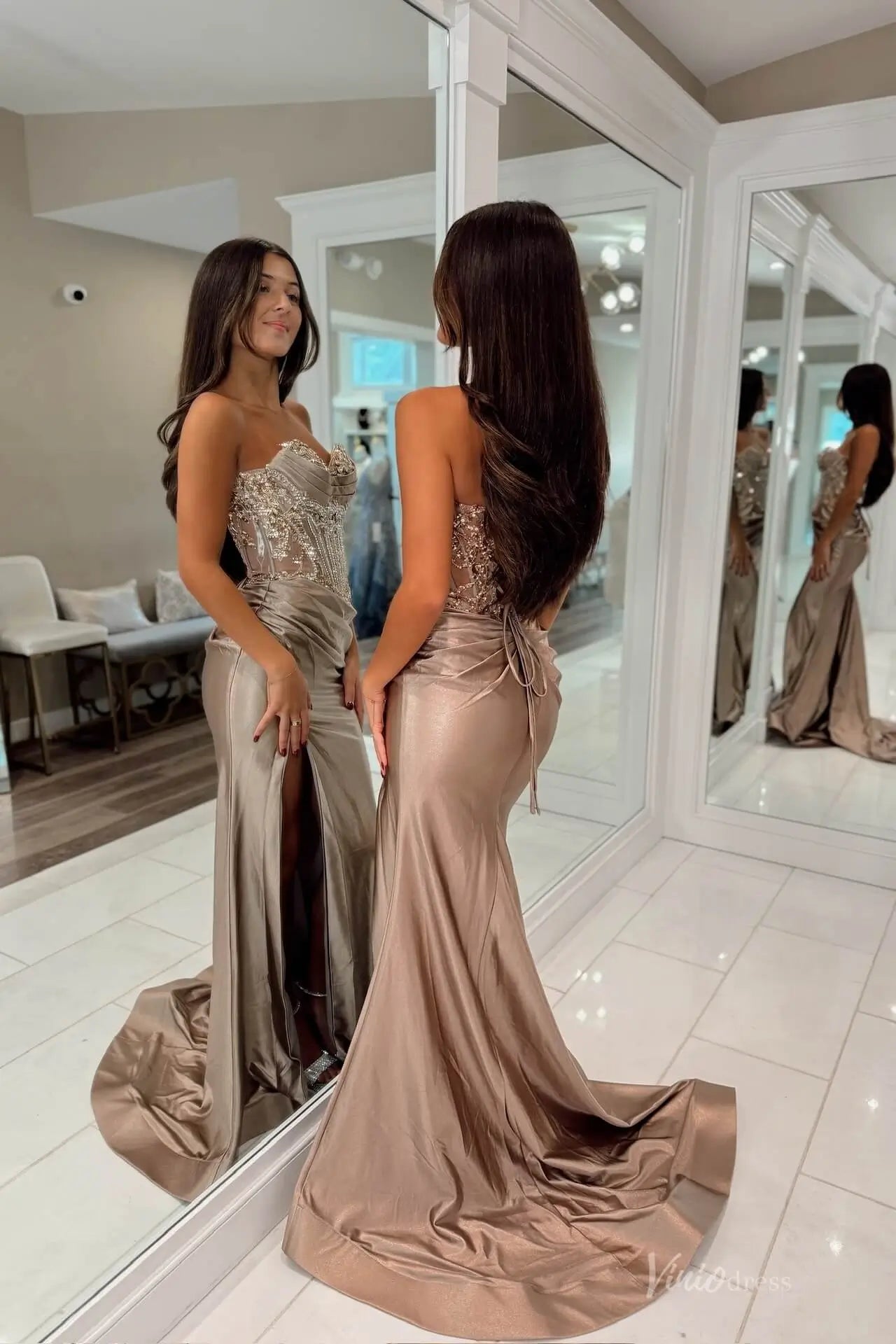 Champagne Sheer Beaded Corset Mermaid Prom Dress with Sweetheart Neck & High Slit – SS172-prom dresses 2026-Viniodress-Champagne-Custom Size-
