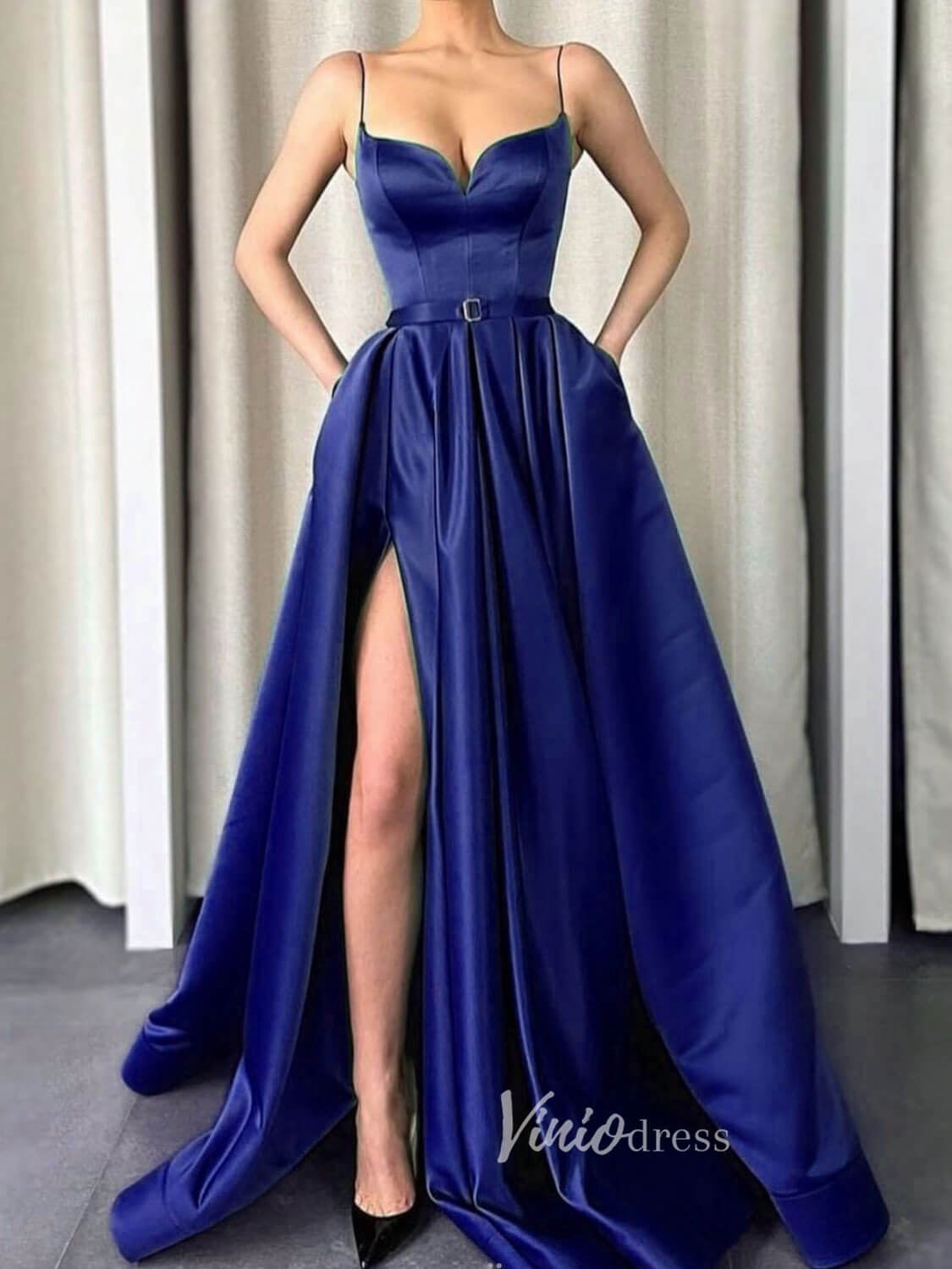 Nude Spaghetti Strap Prom Dresses With Slit A-Line Satin Evening Dress FD3146-prom dresses 2025 -Viniodress-Blue-Custom Size-