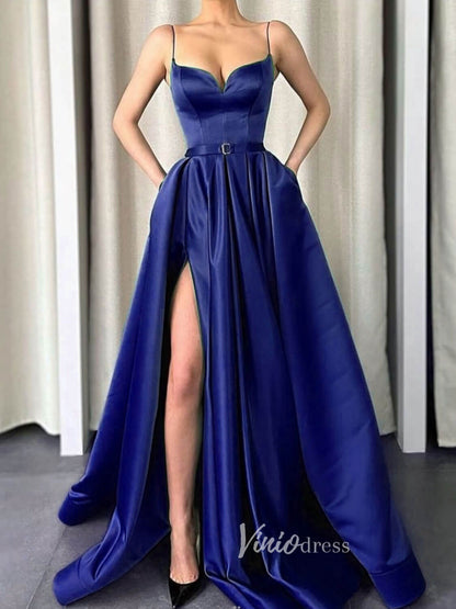 Nude Spaghetti Strap Prom Dresses With Slit A-Line Satin Evening Dress FD3146-prom dresses 2025 -Viniodress-Blue-Custom Size-