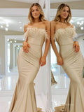 Nude Strapless Mermaid Prom Dresses with Feathers Satin Pleated Evening Dress FD3679-prom dresses-Viniodress-Viniodress