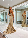 Nude Strapless Mermaid Prom Dresses with Feathers Satin Pleated Evening Dress FD3679-prom dresses-Viniodress-Viniodress