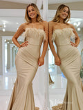 Nude Strapless Mermaid Prom Dresses with Feathers Satin Pleated Evening Dress FD3679
