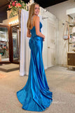 Ocean Blue Mermaid Satin Prom Dresses with Slit Spaghetti Strap FD3615B-bridesmaid dresses-Viniodress-Viniodress