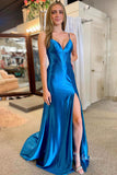Ocean Blue Mermaid Satin Prom Dresses with Slit Spaghetti Strap FD3615B