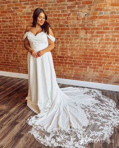 Off-Shoulder A-Line Wedding Dress with Cowl Neck, Lace Train, and Pockets – MN133-wedding dresses 2025 -Viniodress-Ivory-Custom Size-