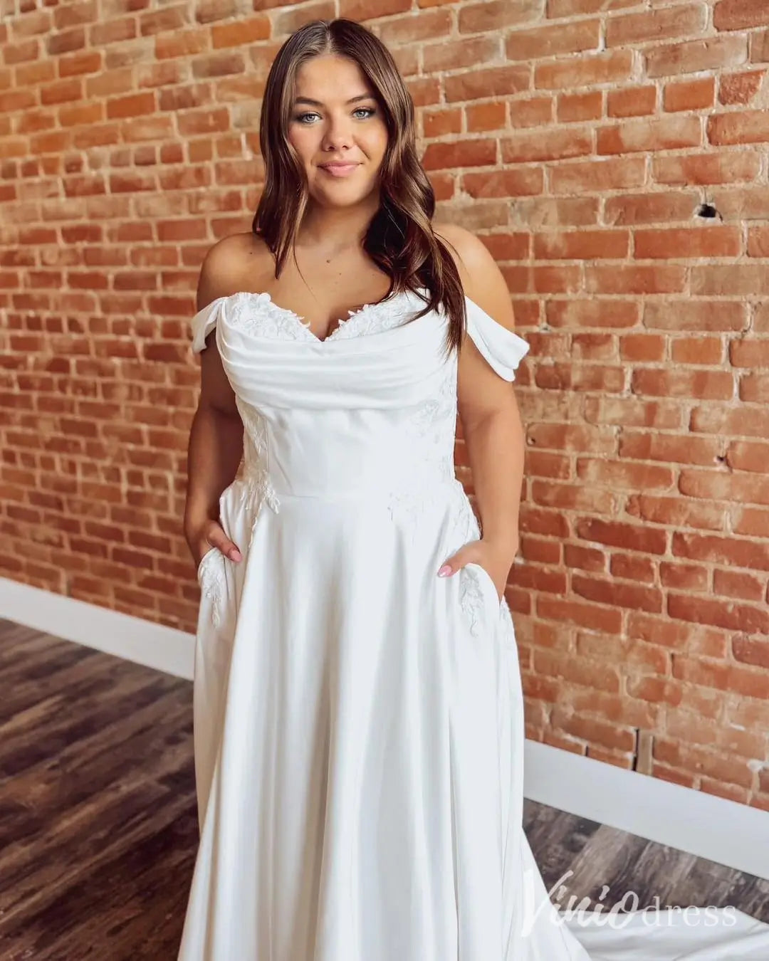 Off-Shoulder A-Line Wedding Dress with Cowl Neck, Lace Train, and Pockets – MN133-wedding dresses 2025 -Viniodress-Ivory-Custom Size-