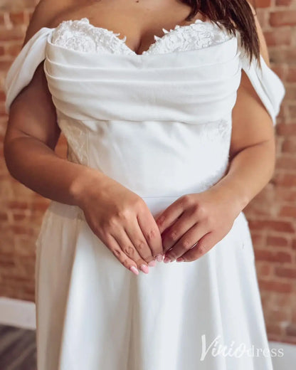Off-Shoulder A-Line Wedding Dress with Cowl Neck, Lace Train, and Pockets – MN133-wedding dresses 2025 -Viniodress-Ivory-Custom Size-