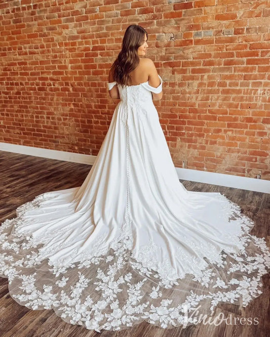 Off-Shoulder A-Line Wedding Dress with Cowl Neck, Lace Train, and Pockets – MN133-wedding dresses 2025 -Viniodress-Ivory-Custom Size-