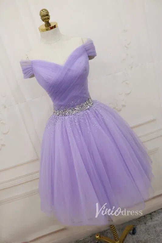 Off Shoulder Beaded Lilac Tulle Homecoming Dresses SD1394-Homecoming Dresses 2025 -Viniodress-Lavender-Custom Size-