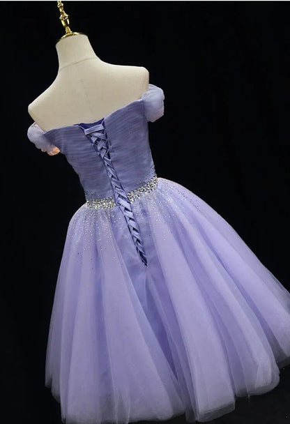 Off Shoulder Beaded Lilac Tulle Homecoming Dresses SD1394-Homecoming Dresses 2025 -Viniodress-Lavender-Custom Size-