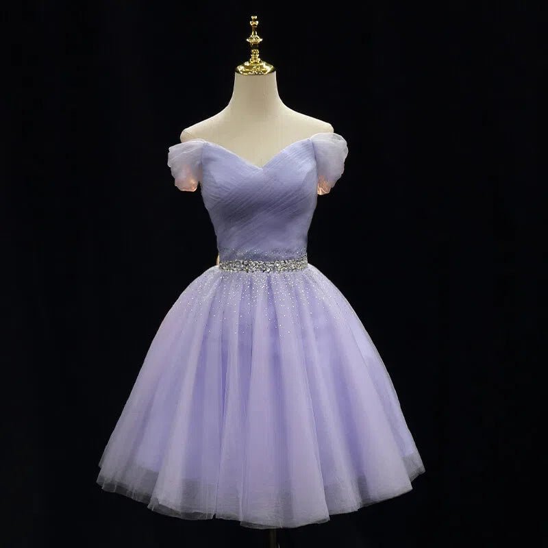 Off Shoulder Beaded Lilac Tulle Homecoming Dresses SD1394-Homecoming Dresses 2025 -Viniodress-Lavender-Custom Size-