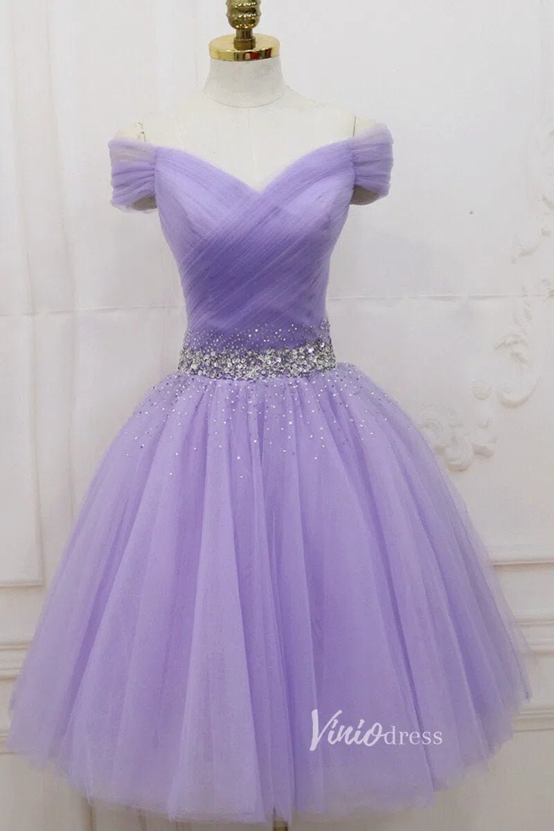 Off Shoulder Beaded Lilac Tulle Homecoming Dresses SD1394-Homecoming Dresses 2025 -Viniodress-Lavender-Custom Size-