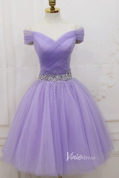 Off Shoulder Beaded Lilac Tulle Homecoming Dresses SD1394-Homecoming Dresses 2025 -Viniodress-Lavender-Custom Size-