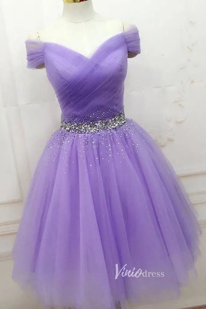 Off Shoulder Beaded Lilac Tulle Homecoming Dresses SD1394-Homecoming Dresses 2025 -Viniodress-Lavender-Custom Size-