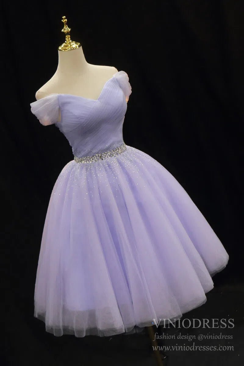 Off Shoulder Beaded Lilac Tulle Homecoming Dresses SD1394-Homecoming Dresses 2025 -Viniodress-Lilac-Custom Size-