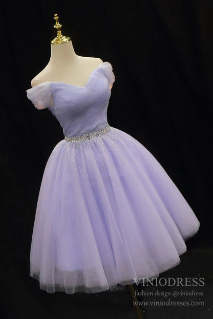 Off Shoulder Beaded Lilac Tulle Homecoming Dresses SD1394-Homecoming Dresses 2025 -Viniodress-Lilac-Custom Size-