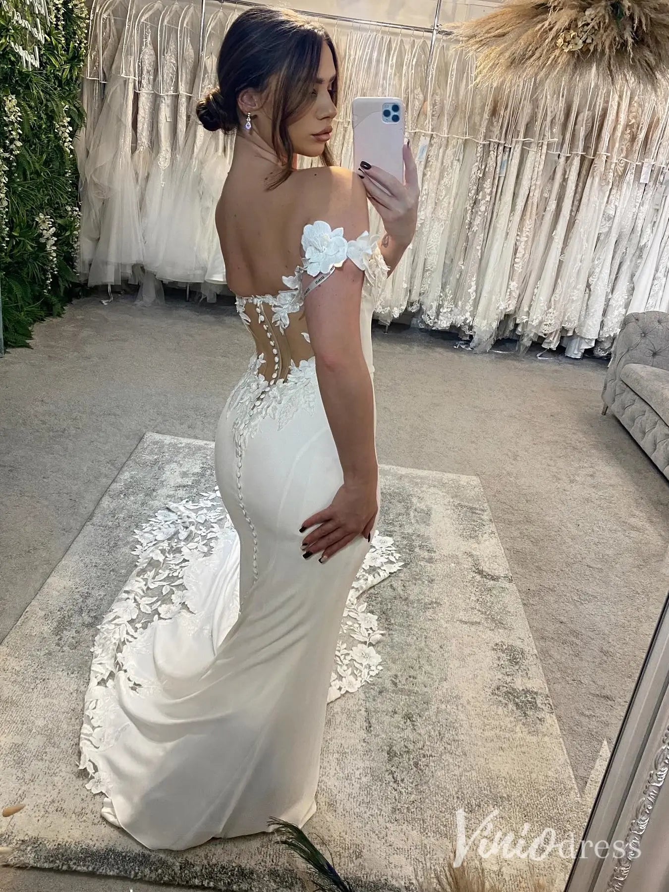 Off-Shoulder Crepe Mermaid Wedding Dress with Floral Train – ML117 – Viniodress Off-Shoulder Crepe Mermaid Wedding Dress with Floral Train – ML117 – Viniodress