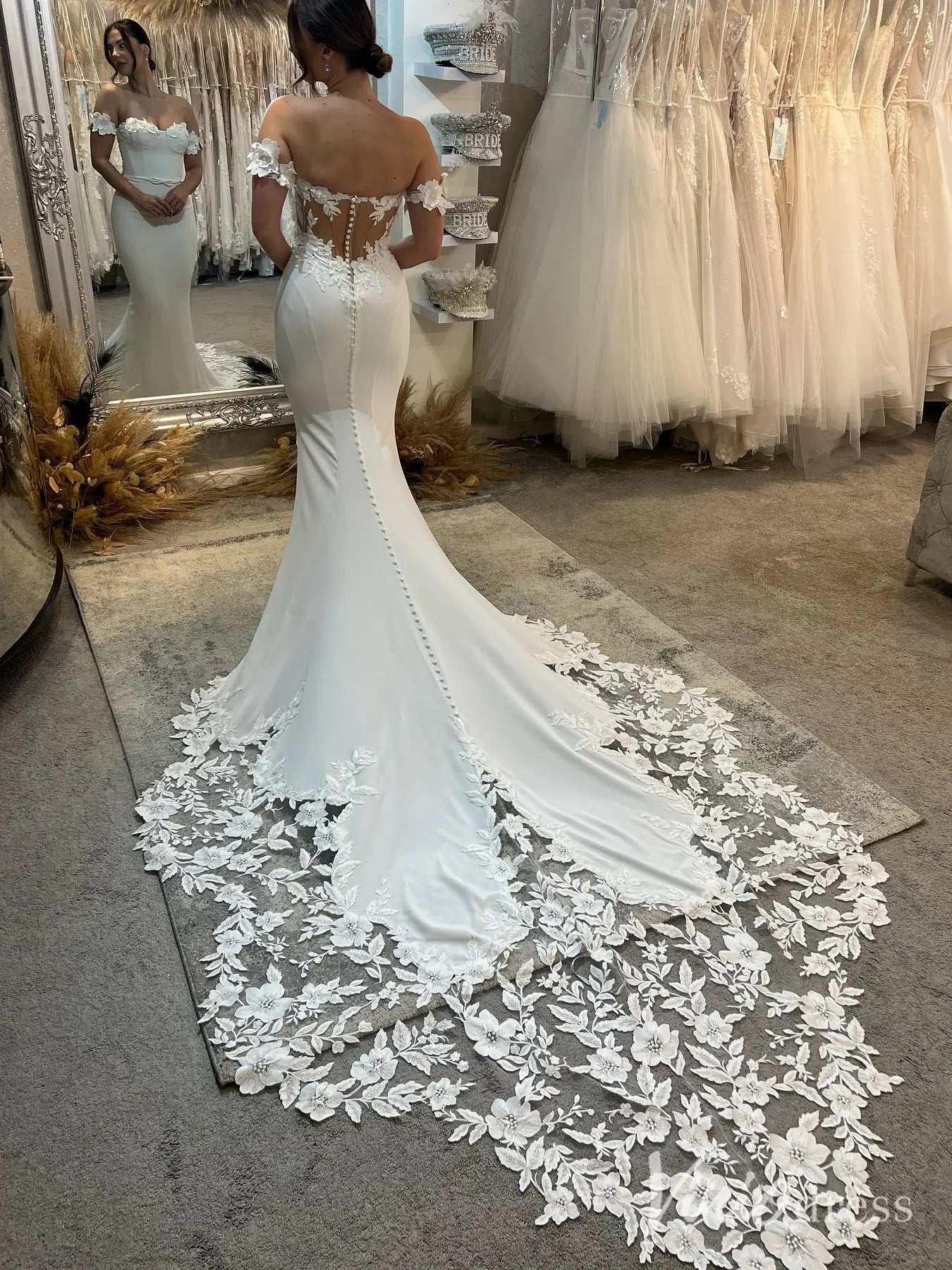 Off-Shoulder Crepe Mermaid Wedding Dress with Floral Train ML117 Viniodress Off-Shoulder Crepe Mermaid Wedding Dress with Floral Train ML117 Viniodress