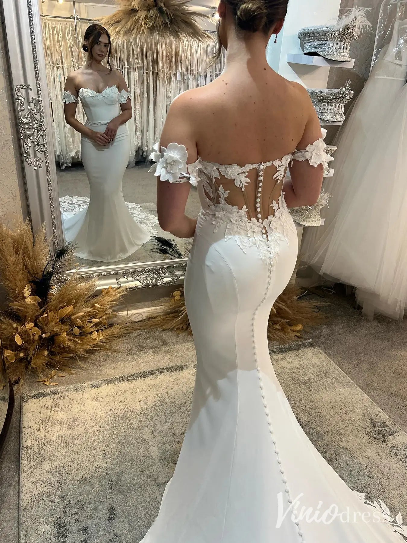 Off-Shoulder Crepe Mermaid Wedding Dress with 3D Floral Lace and Asymmetric Cathedral Train – ML117-wedding dresses 2025 -Viniodress-Ivory-Custom Size-