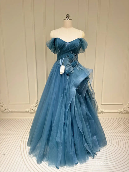 Off Shoulder Dusty Blue Prom Dress with Corset Bodice and Layered Tulle Skirt FD3216-prom dresses 2026-Viniodress-Dusty Blue-Custom Size – Add Measurements in Cart-
