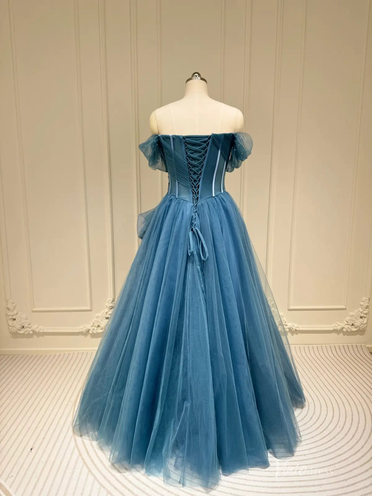 Off Shoulder Dusty Blue Prom Dress with Corset Bodice and Layered Tulle Skirt FD3216-prom dresses 2026-Viniodress-Dusty Blue-Custom Size – Add Measurements in Cart-