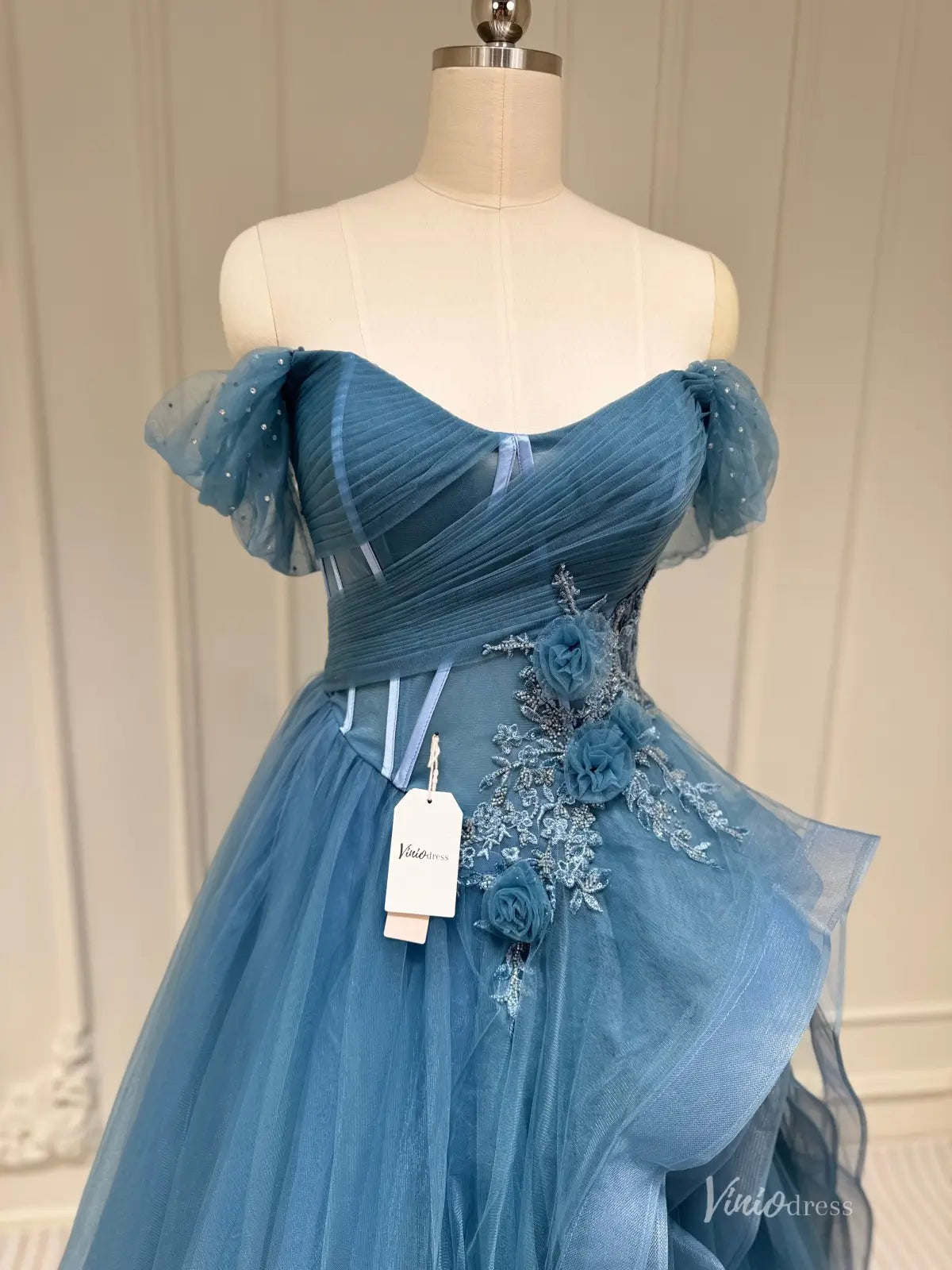 Off Shoulder Dusty Blue Prom Dress with Corset Bodice and Layered Tulle Skirt FD3216-prom dresses 2026-Viniodress-Dusty Blue-Custom Size – Add Measurements in Cart-